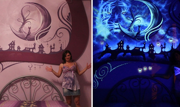 艺术家为女孩房间绘制壁画 关上灯后如同走进梦幻世界