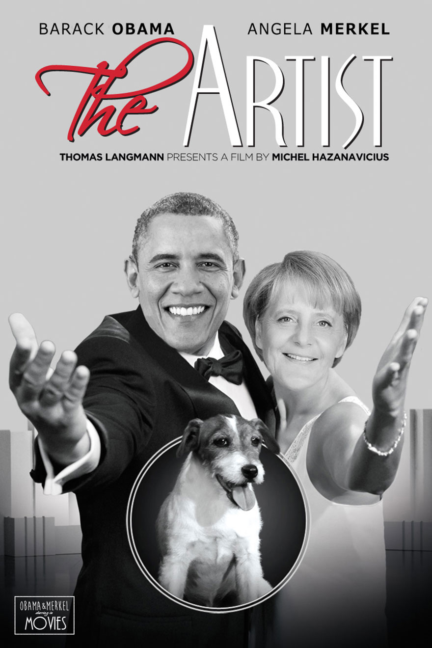 奥巴马被玩坏 变身电影海报男主与默克尔演CP